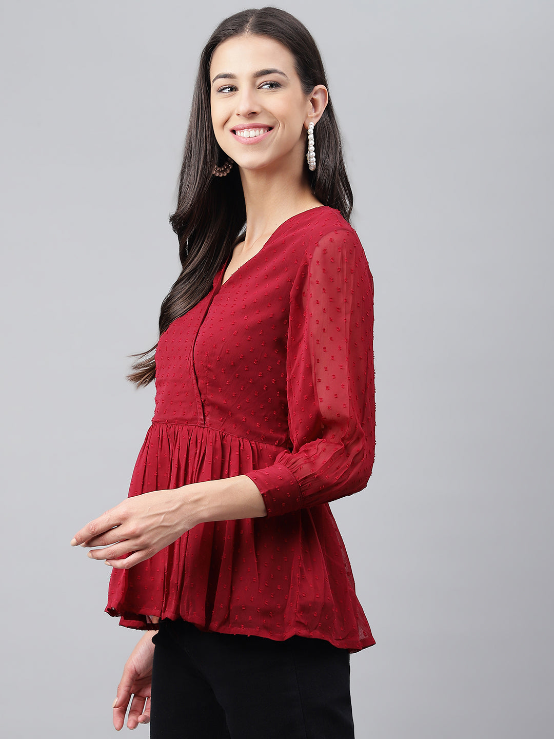 Janasya Women's Maroon Dobby Chiffon Solid Casual Peplum Top