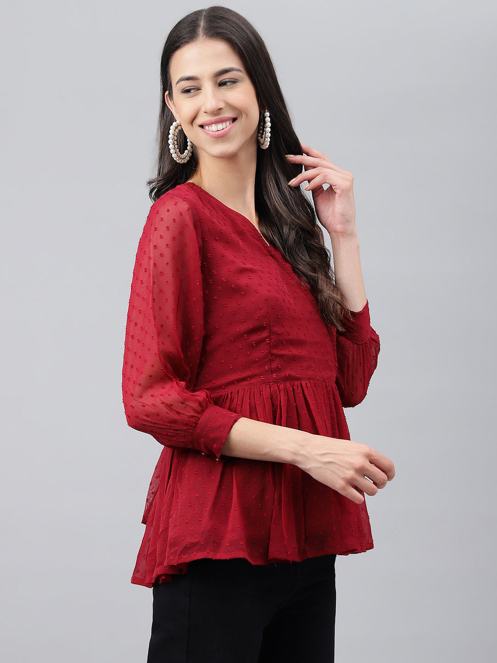 Janasya Women's Maroon Dobby Chiffon Solid Casual Peplum Top