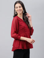 Janasya Women's Maroon Dobby Chiffon Solid Casual Peplum Top