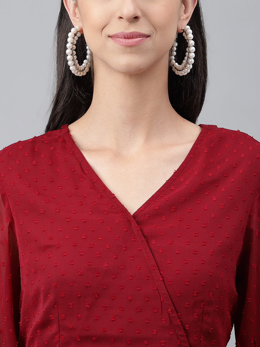 Janasya Women's Maroon Dobby Chiffon Solid Casual Peplum Top