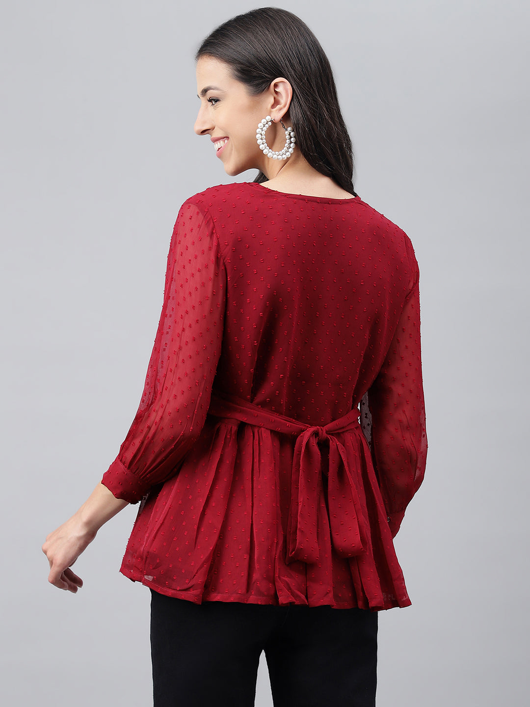 Janasya Women's Maroon Dobby Chiffon Solid Casual Peplum Top