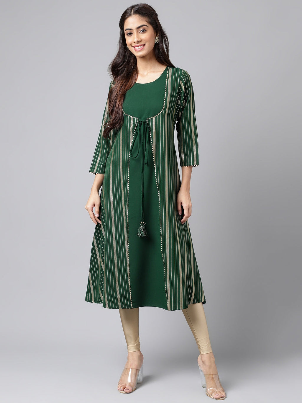 Janasya Women's Green Crepe Foil Printed Casual A-Line Kurta