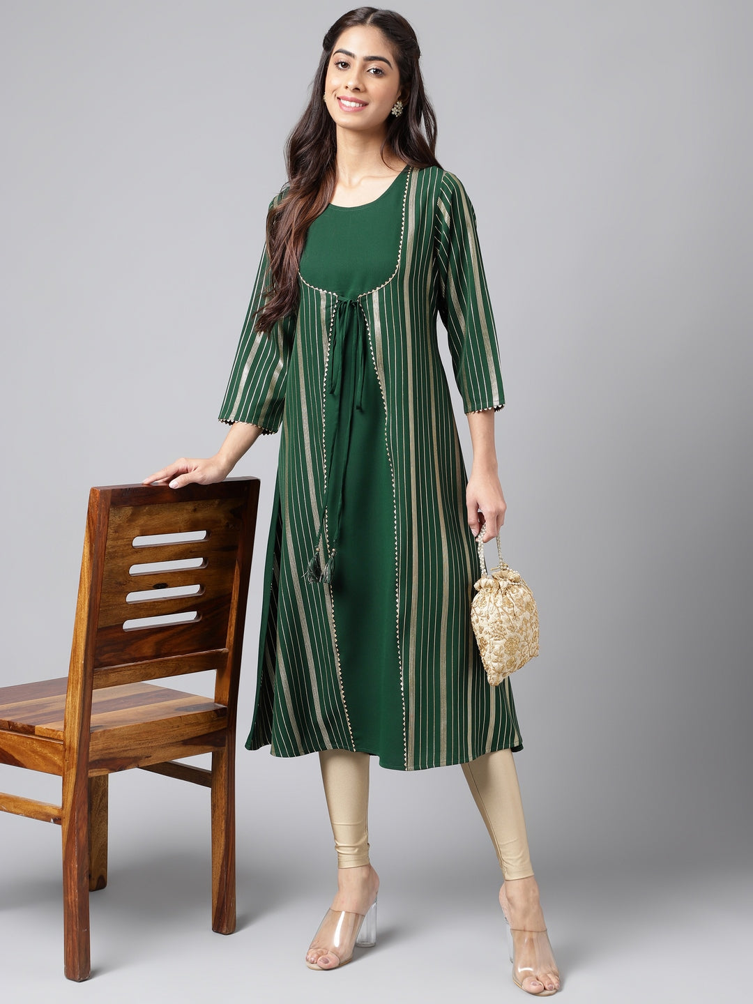 Janasya Women's Green Crepe Foil Printed Casual A-Line Kurta