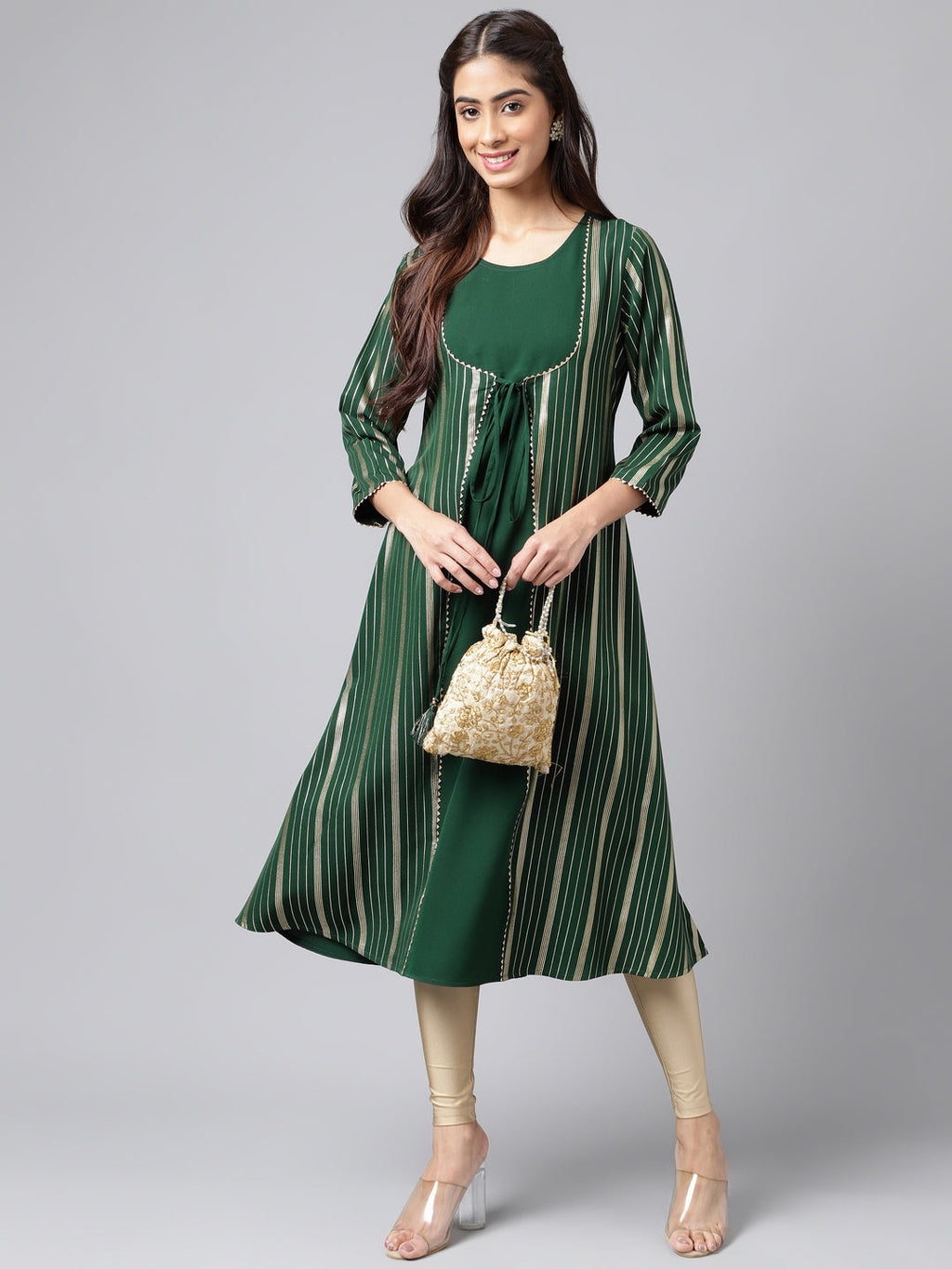 Janasya Women's Green Crepe Foil Printed Casual A-Line Kurta