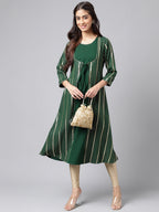 Janasya Women's Green Crepe Foil Printed Casual A-Line Kurta