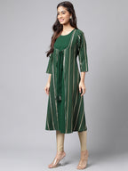 Janasya Women's Green Crepe Foil Printed Casual A-Line Kurta