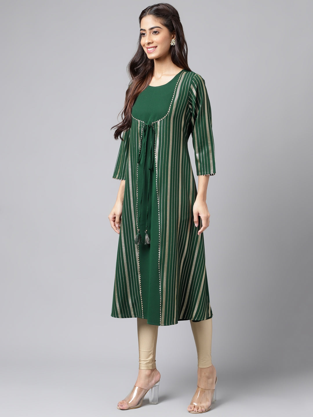 Janasya Women's Green Crepe Foil Printed Casual A-Line Kurta