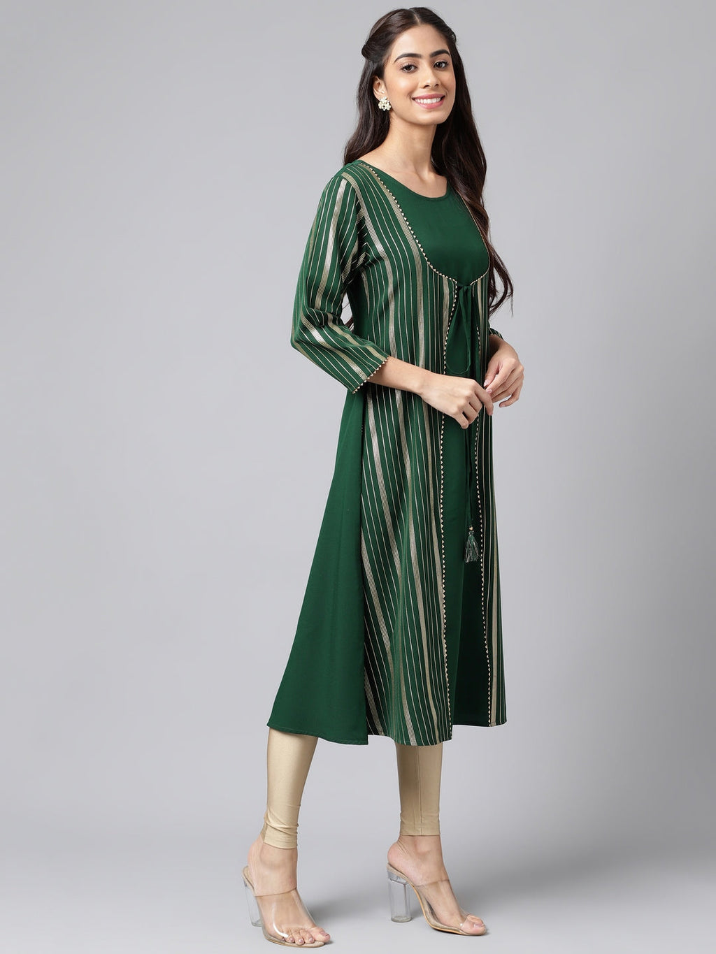Janasya Women's Green Crepe Foil Printed Casual A-Line Kurta