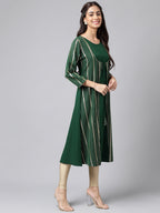 Janasya Women's Green Crepe Foil Printed Casual A-Line Kurta