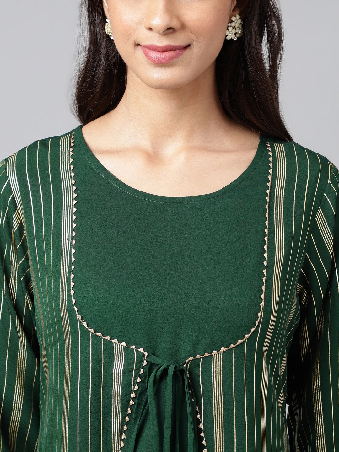 Janasya Women's Green Crepe Foil Printed Casual A-Line Kurta