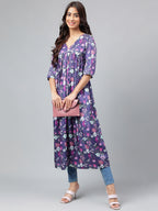 Janasya Women's Navy Blue Satin Digital Floral Printed Casual Gathered Kurta