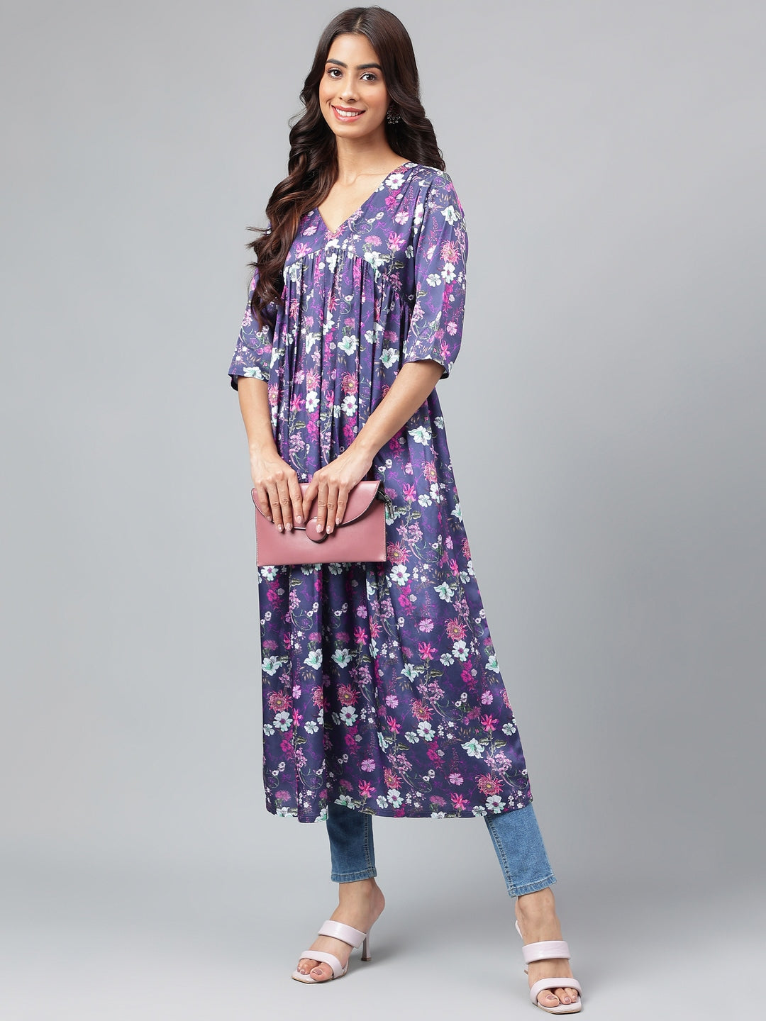 Janasya Women's Navy Blue Satin Digital Floral Printed Casual Gathered Kurta