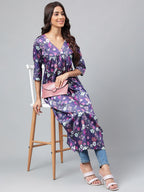 Janasya Women's Navy Blue Satin Digital Floral Printed Casual Gathered Kurta