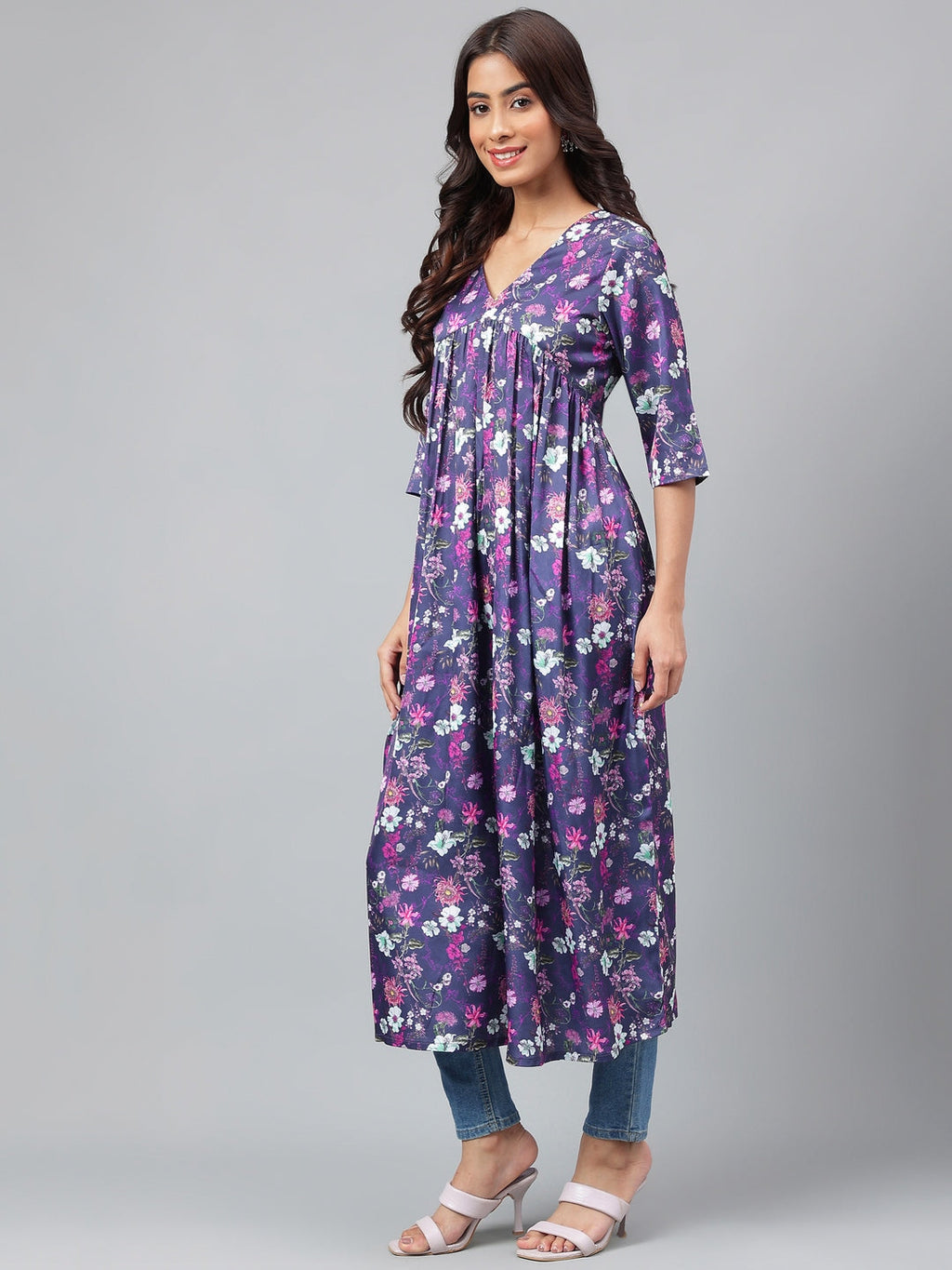 Janasya Women's Navy Blue Satin Digital Floral Printed Casual Gathered Kurta