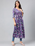 Janasya Women's Navy Blue Satin Digital Floral Printed Casual Gathered Kurta