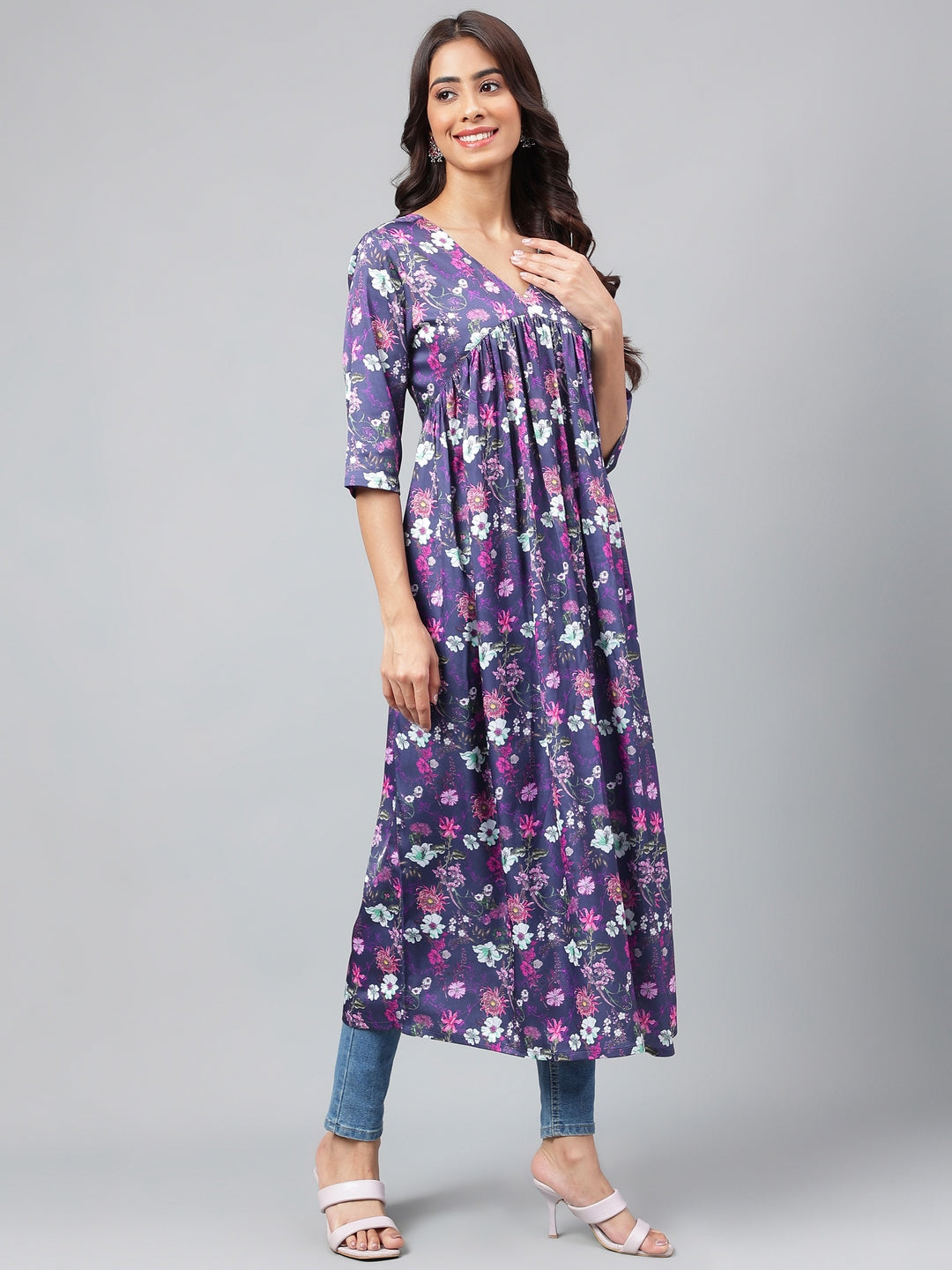 Janasya Women's Navy Blue Satin Digital Floral Printed Casual Gathered Kurta