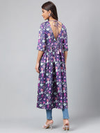 Janasya Women's Navy Blue Satin Digital Floral Printed Casual Gathered Kurta