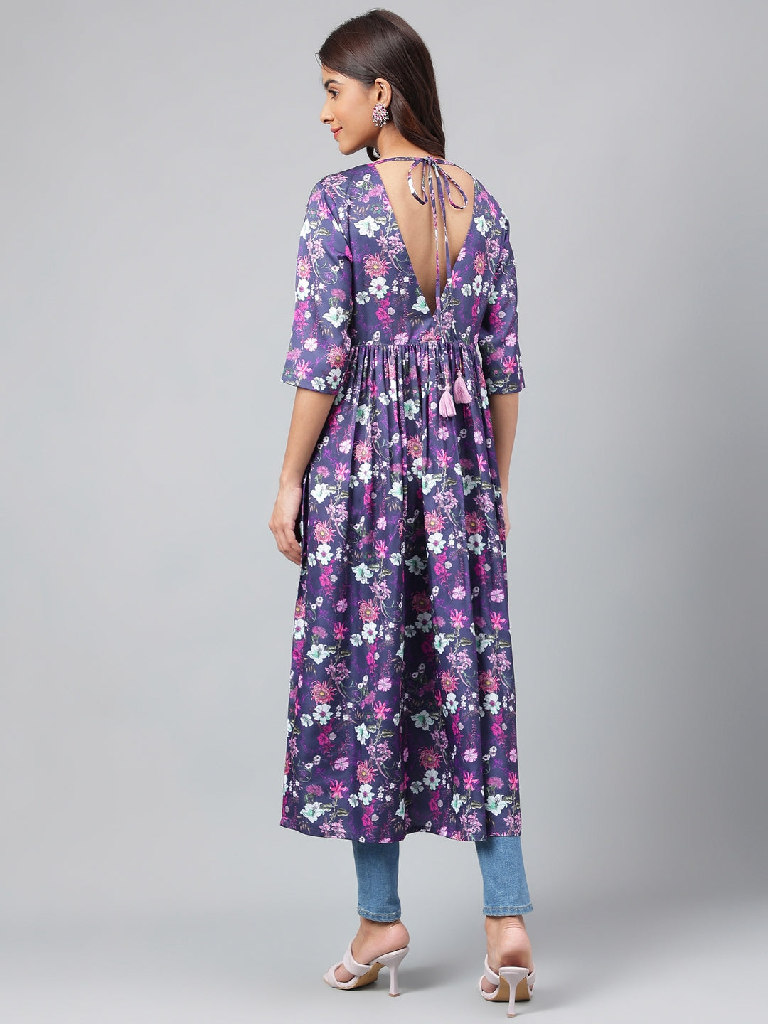 Janasya Women's Navy Blue Satin Digital Floral Printed Casual Gathered Kurta