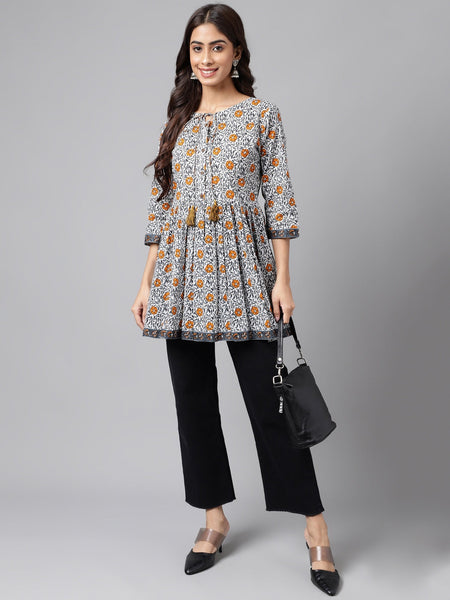 Janasya Women's Multicolor Cotton Botanical Printed Casual Peplum Top