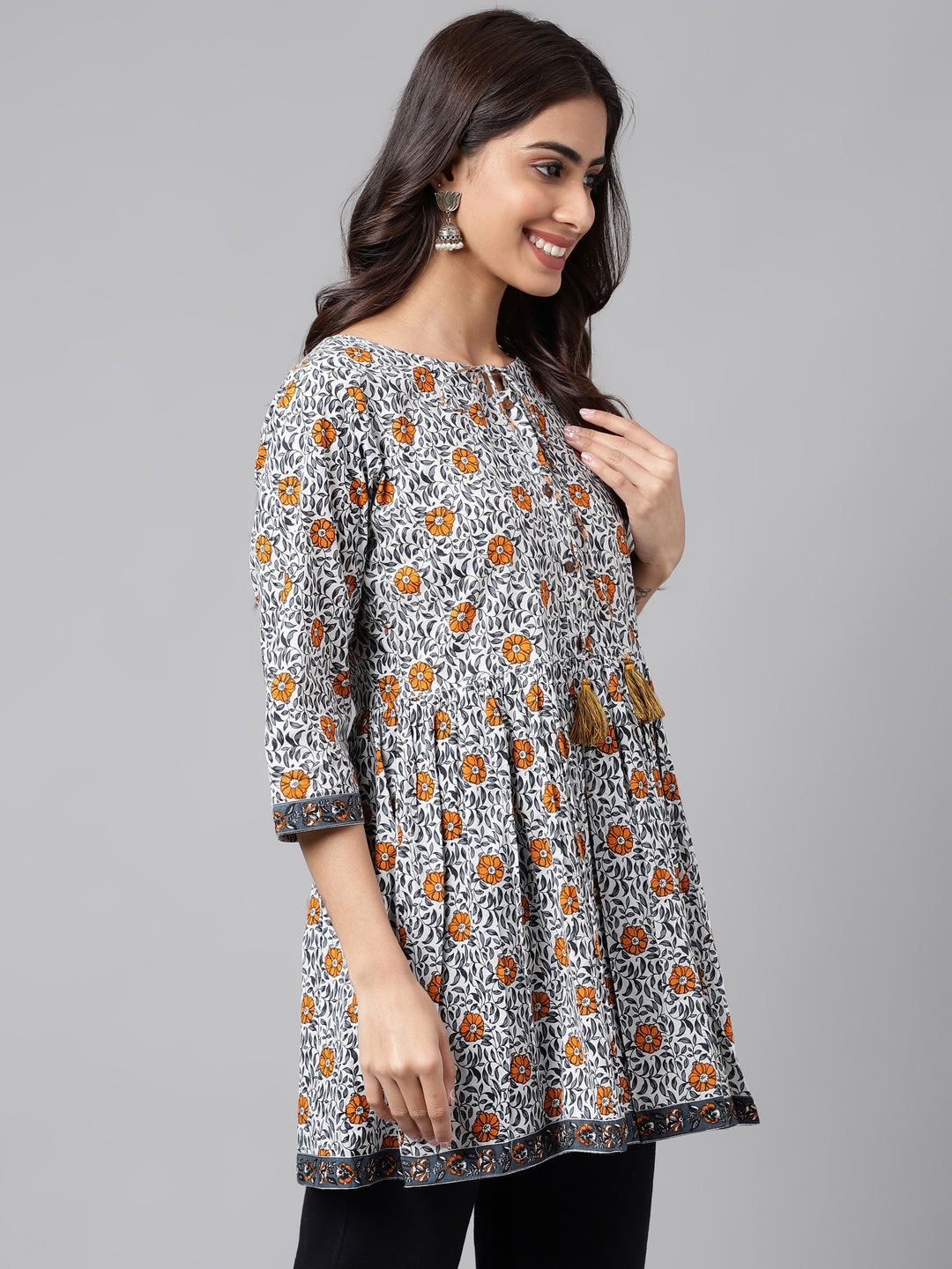 Janasya Women's Multicolor Cotton Botanical Printed Casual Peplum Top