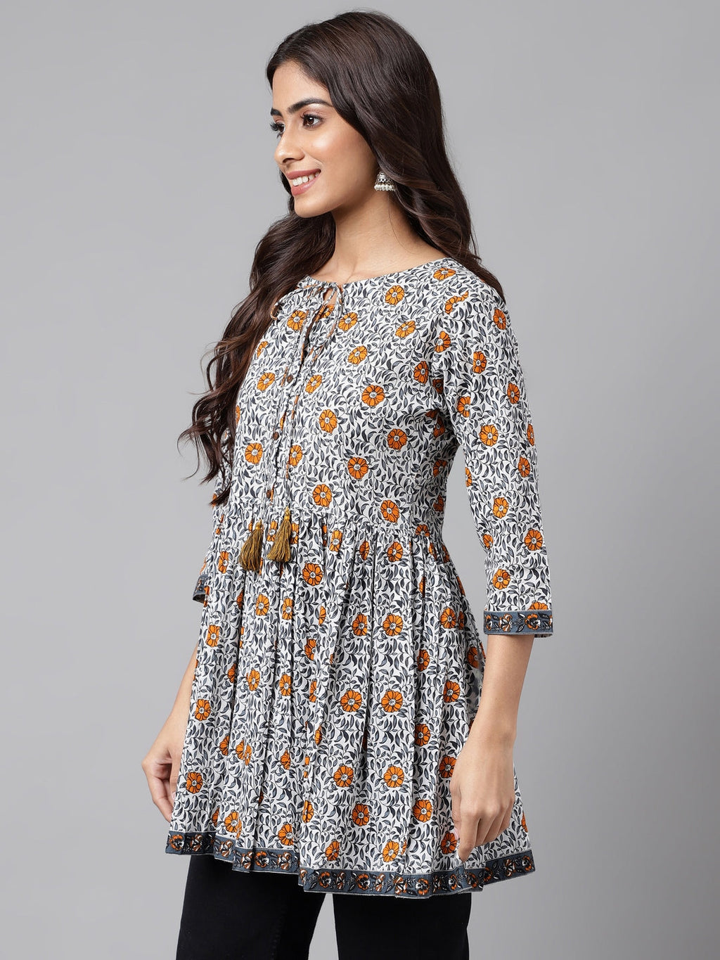 Janasya Women's Multicolor Cotton Botanical Printed Casual Peplum Top