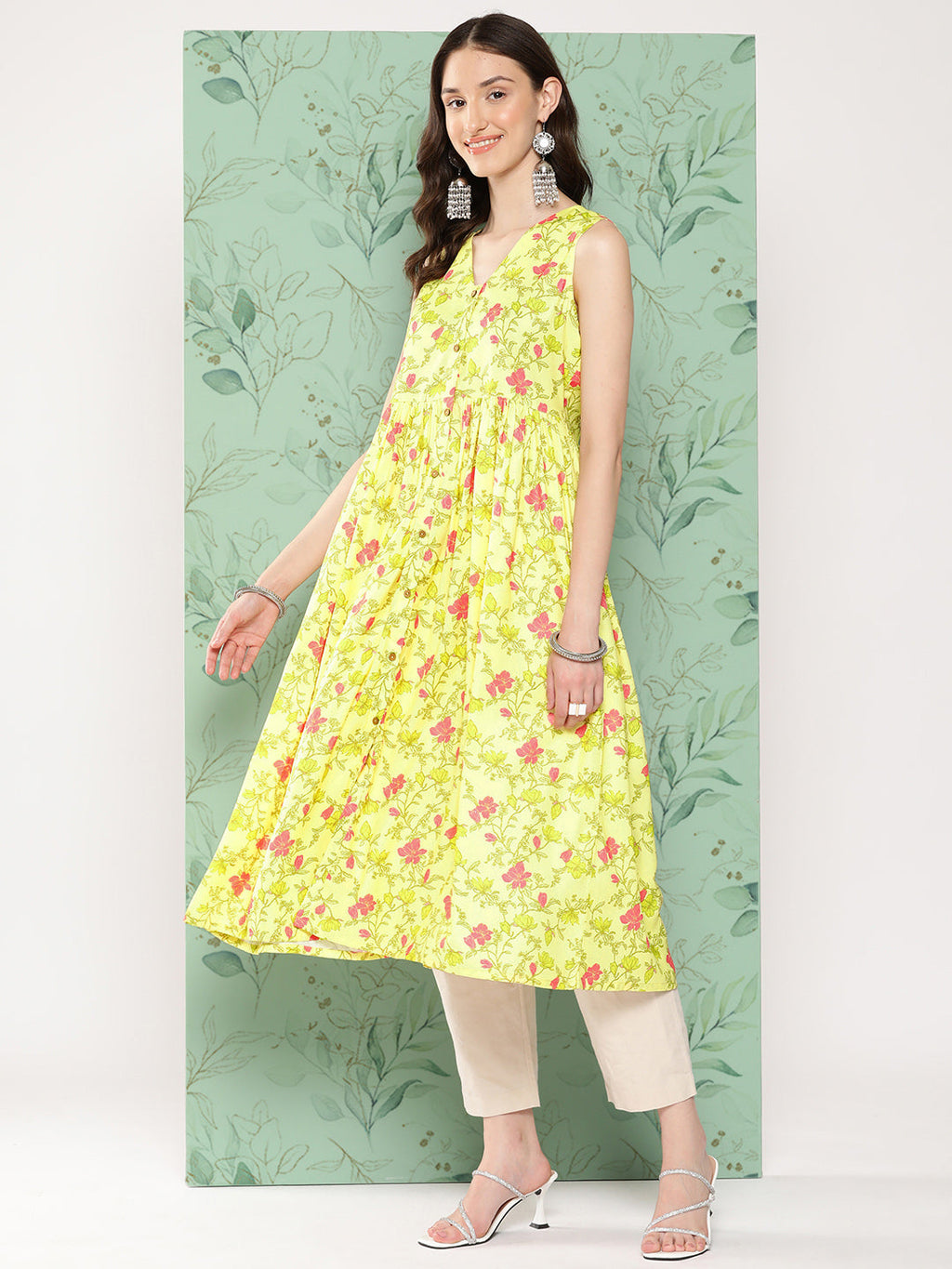 Janasya Women's Lemon Yellow Moss Digital Floral Printed Casual Gathered Kurta