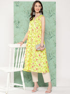 Janasya Women's Lemon Yellow Moss Digital Floral Printed Casual Gathered Kurta