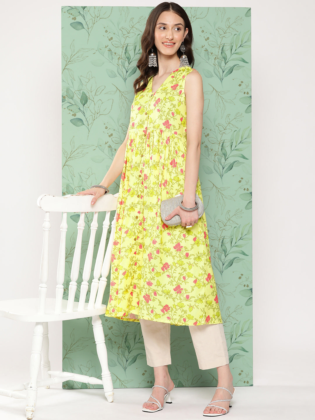 Janasya Women's Lemon Yellow Moss Digital Floral Printed Casual Gathered Kurta