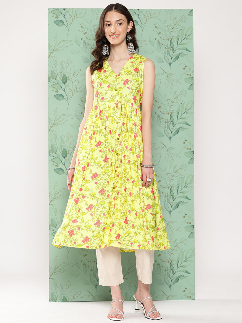 Janasya Women's Lemon Yellow Moss Digital Floral Printed Casual Gathered Kurta