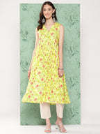 Janasya Women's Lemon Yellow Moss Digital Floral Printed Casual Gathered Kurta
