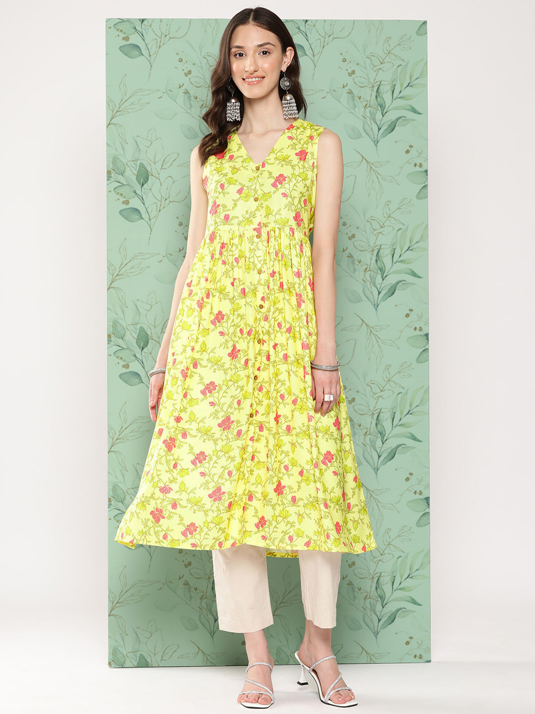 Janasya Women's Lemon Yellow Moss Digital Floral Printed Casual Gathered Kurta