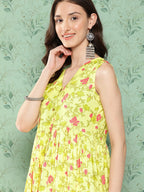 Janasya Women's Lemon Yellow Moss Digital Floral Printed Casual Gathered Kurta