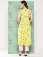 Janasya Women's Lemon Yellow Moss Digital Floral Printed Casual Gathered Kurta