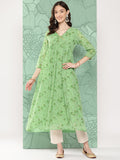Janasya Women's Light Green Georgette Digital Floral Printed Festive Flared Kurta
