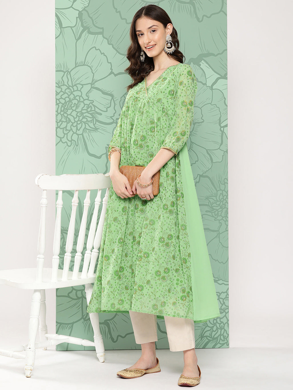 Janasya Women's Light Green Georgette Digital Floral Printed Festive Flared Kurta