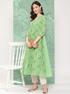 Janasya Women's Light Green Georgette Digital Floral Printed Festive Flared Kurta