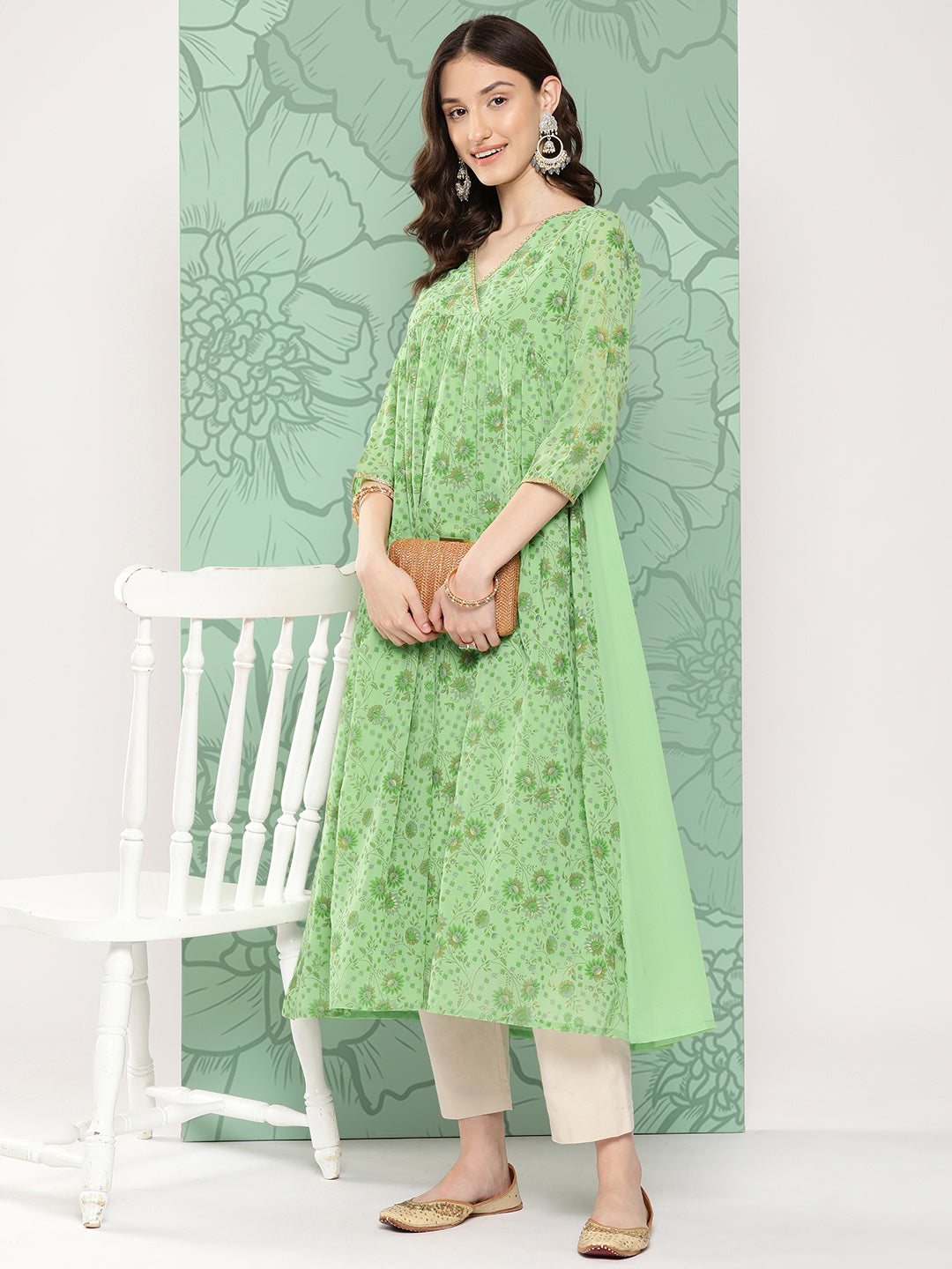 Janasya Women's Light Green Georgette Digital Floral Printed Festive Flared Kurta