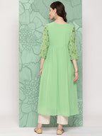 Janasya Women's Light Green Georgette Digital Floral Printed Festive Flared Kurta