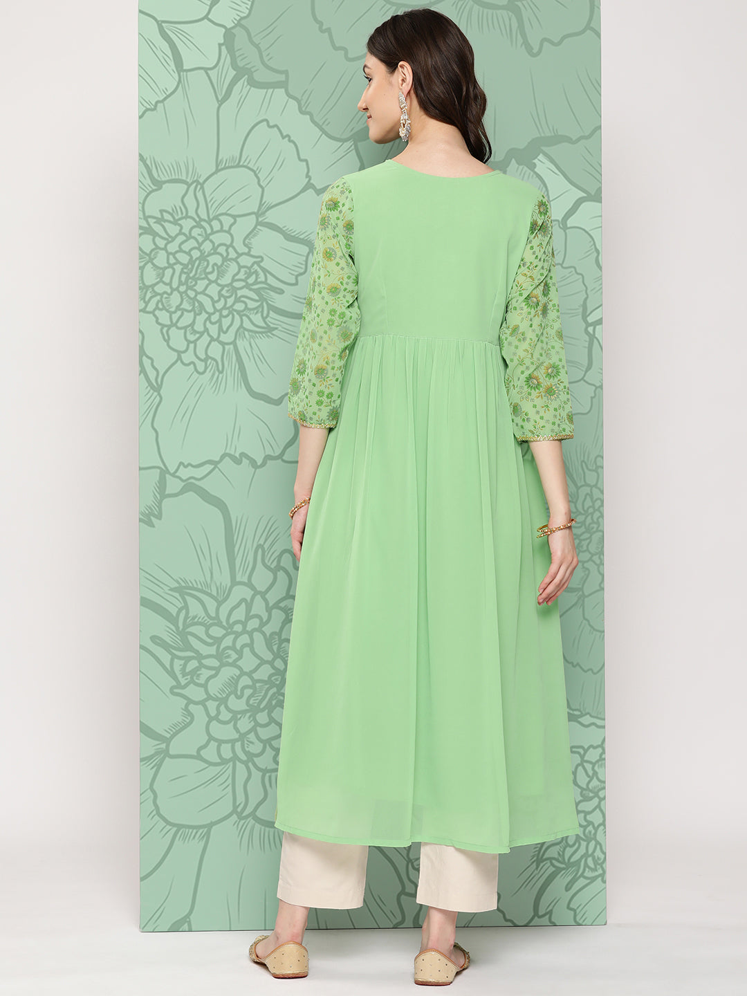Janasya Women's Light Green Georgette Digital Floral Printed Festive Flared Kurta