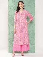 Janasya Women's Lavender Moss Digital Floral Printed Casual Gathered Kurta