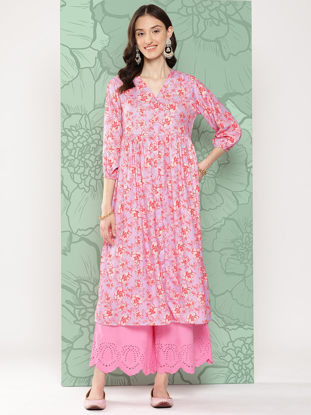 Janasya Women's Lavender Moss Digital Floral Printed Casual Gathered Kurta