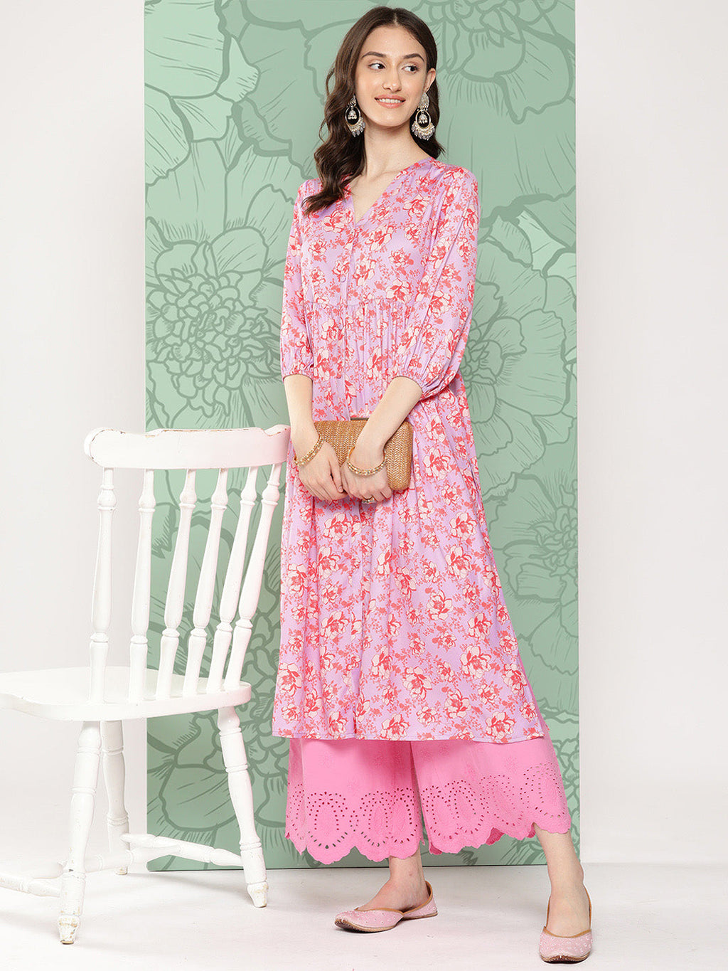 Janasya Women's Lavender Moss Digital Floral Printed Casual Gathered Kurta