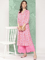Janasya Women's Lavender Moss Digital Floral Printed Casual Gathered Kurta