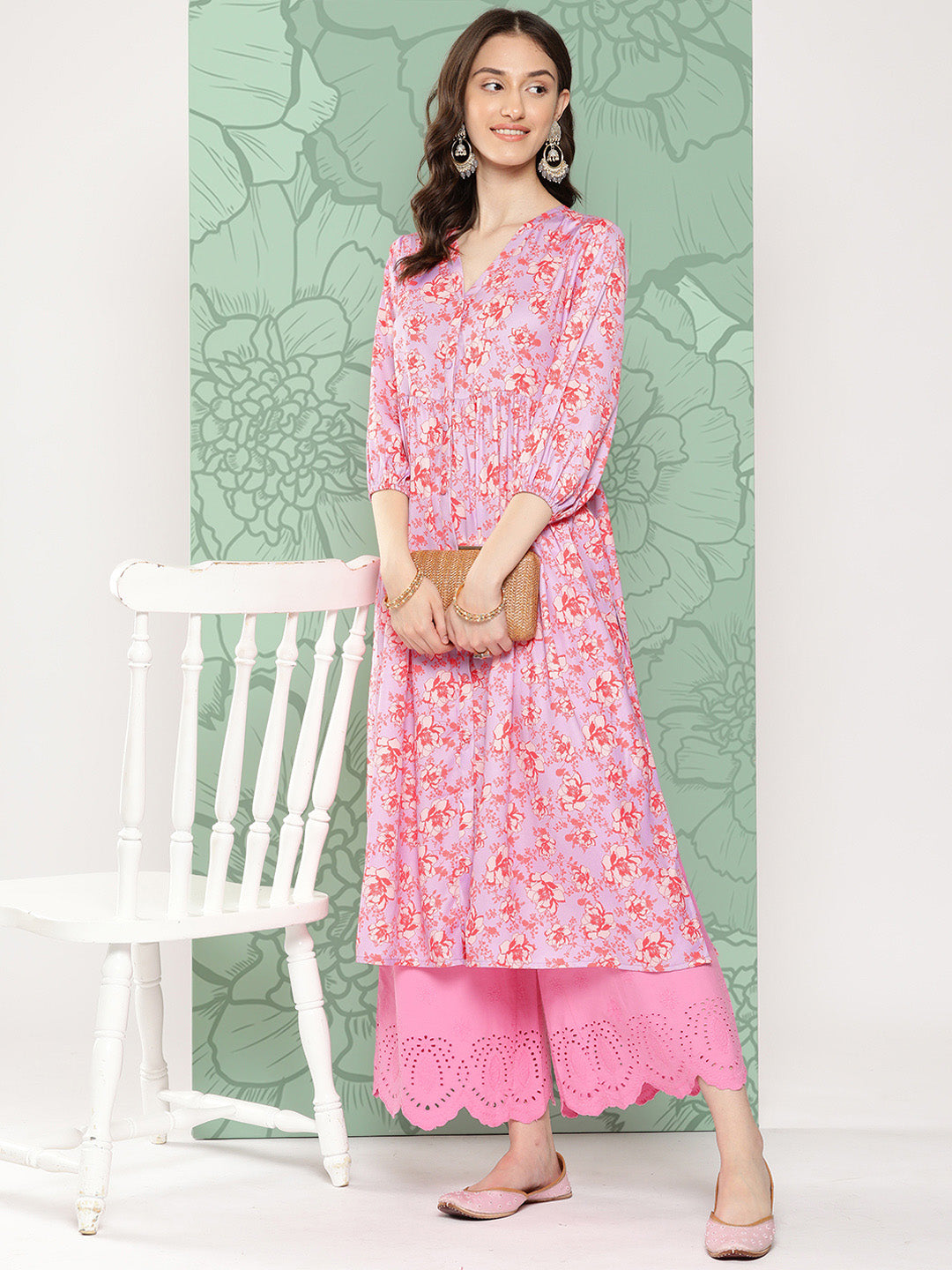 Janasya Women's Lavender Moss Digital Floral Printed Casual Gathered Kurta