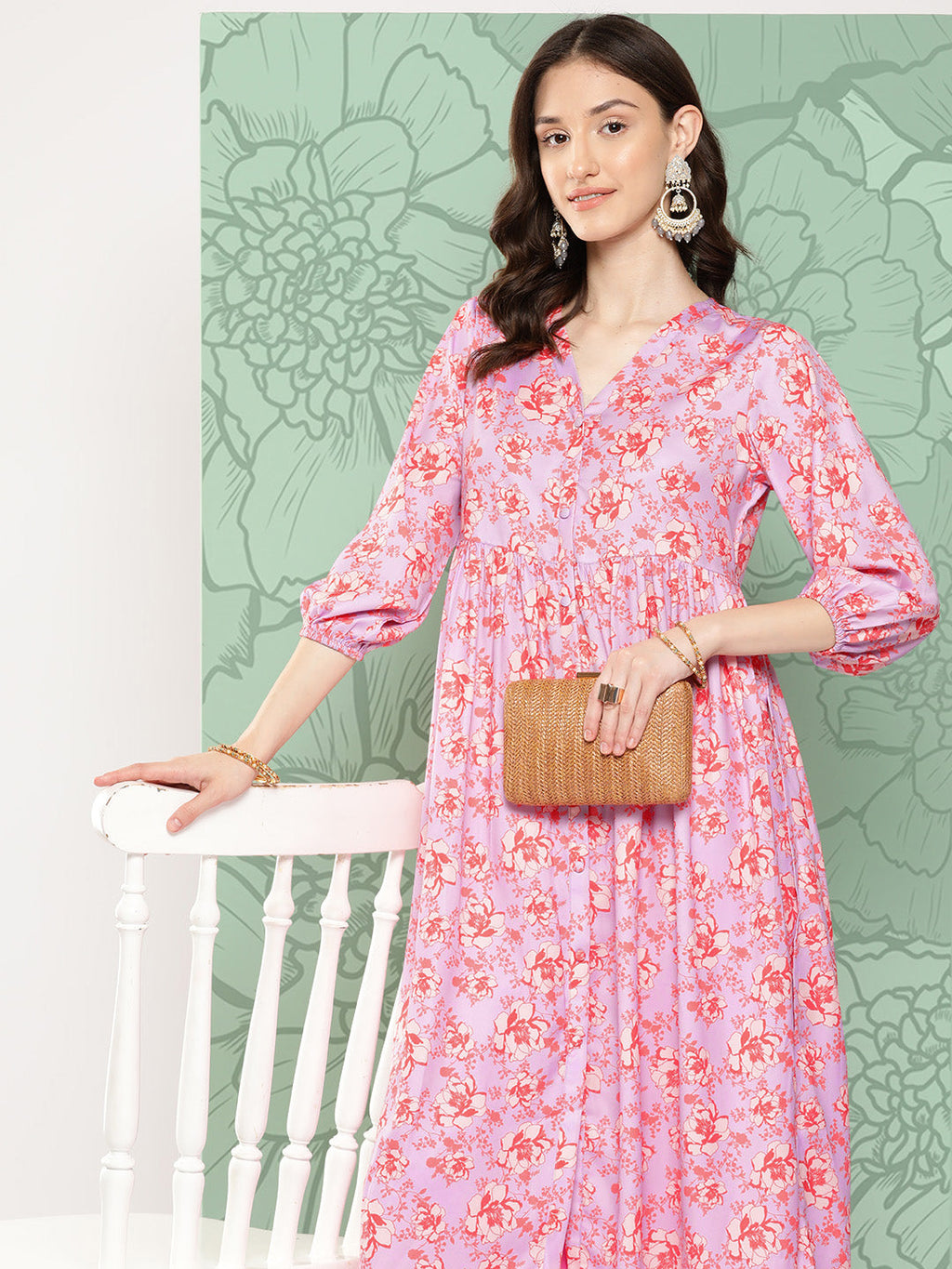 Janasya Women's Lavender Moss Digital Floral Printed Casual Gathered Kurta