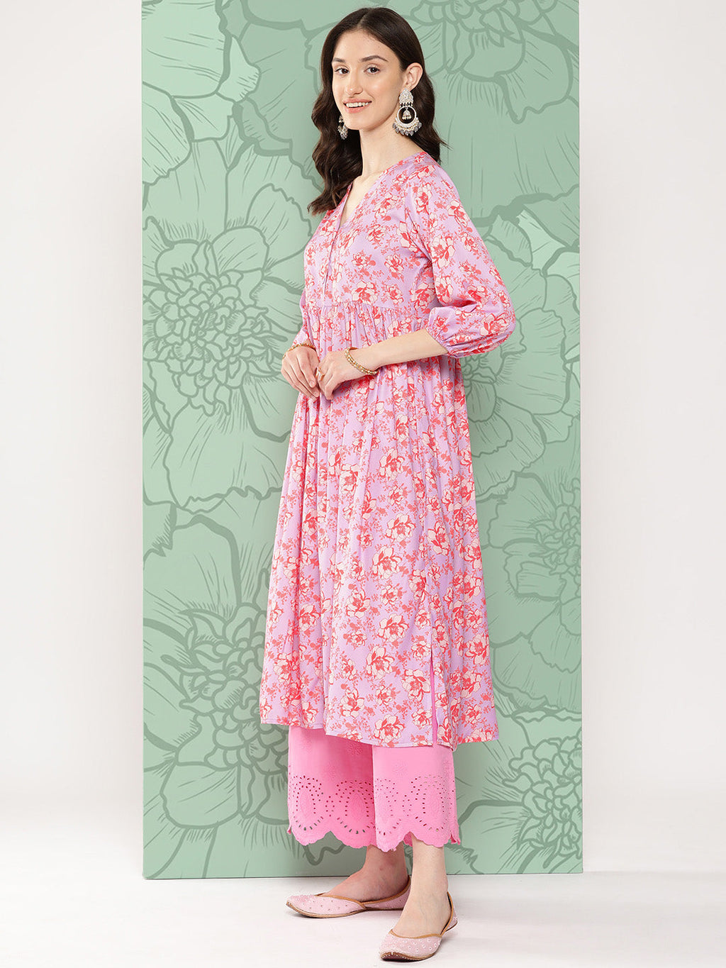 Janasya Women's Lavender Moss Digital Floral Printed Casual Gathered Kurta