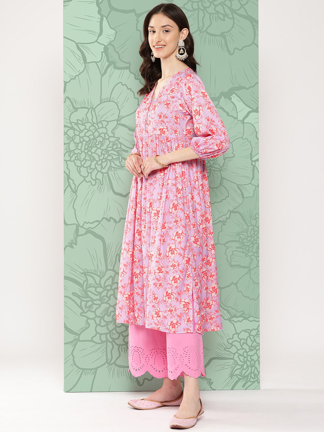 Janasya Women's Lavender Moss Digital Floral Printed Casual Gathered Kurta