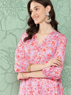 Janasya Women's Lavender Moss Digital Floral Printed Casual Gathered Kurta
