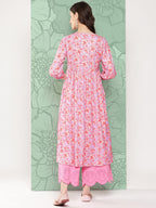 Janasya Women's Lavender Moss Digital Floral Printed Casual Gathered Kurta