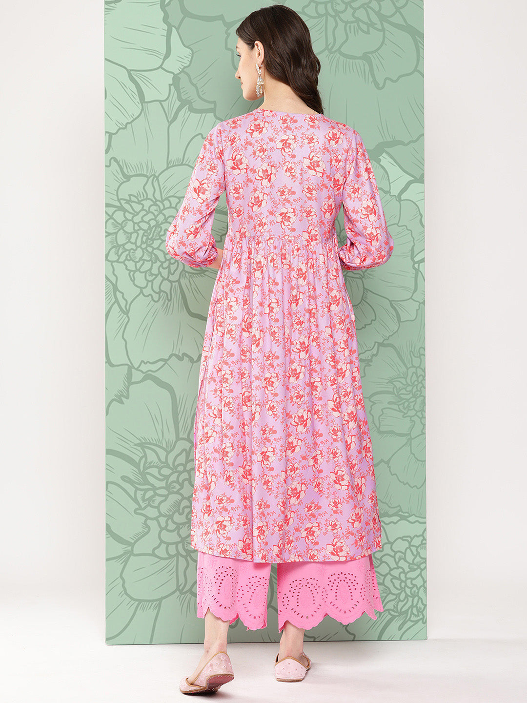 Janasya Women's Lavender Moss Digital Floral Printed Casual Gathered Kurta